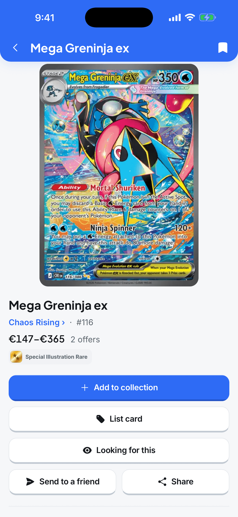 Card detail with price, collection and listing actions