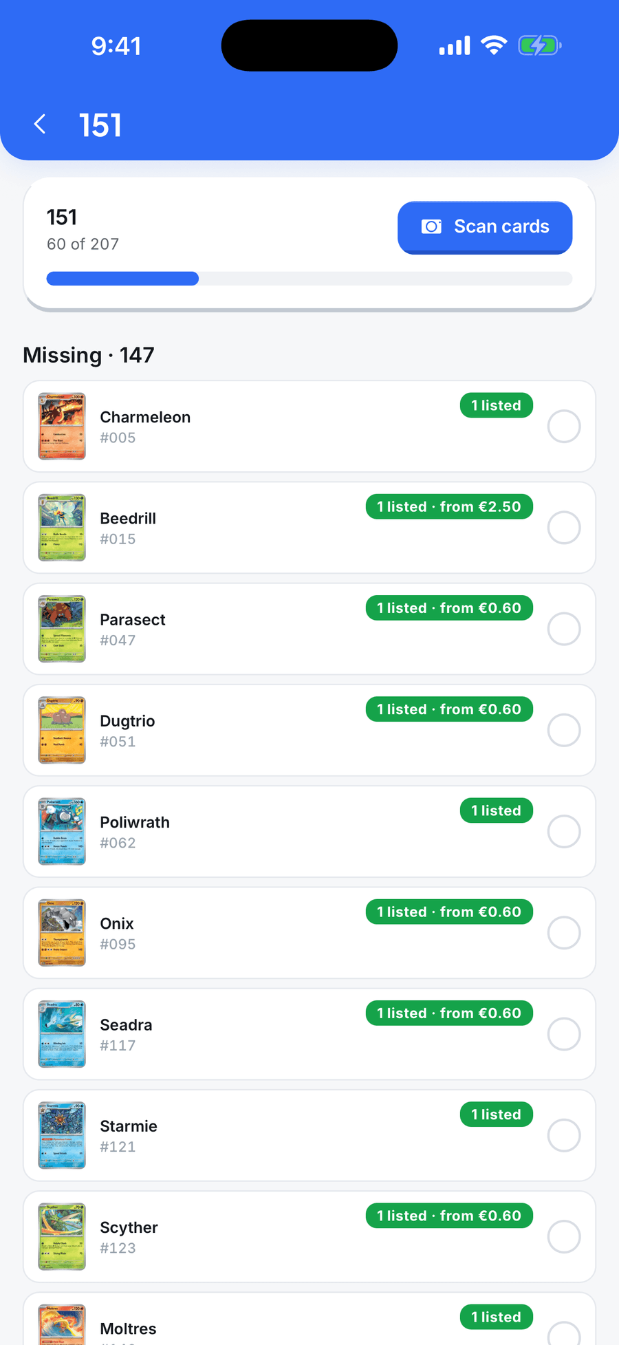 A set tracker showing collected and missing cards