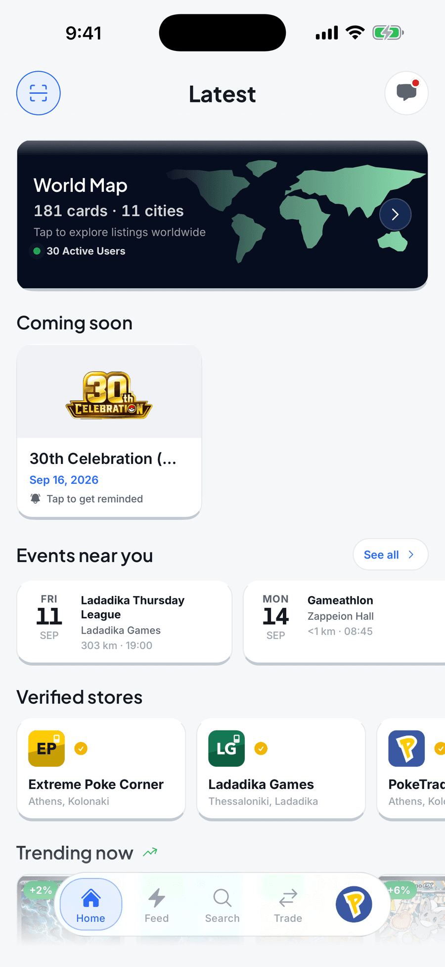 The PokeTrade AI home feed showing cards listed near you