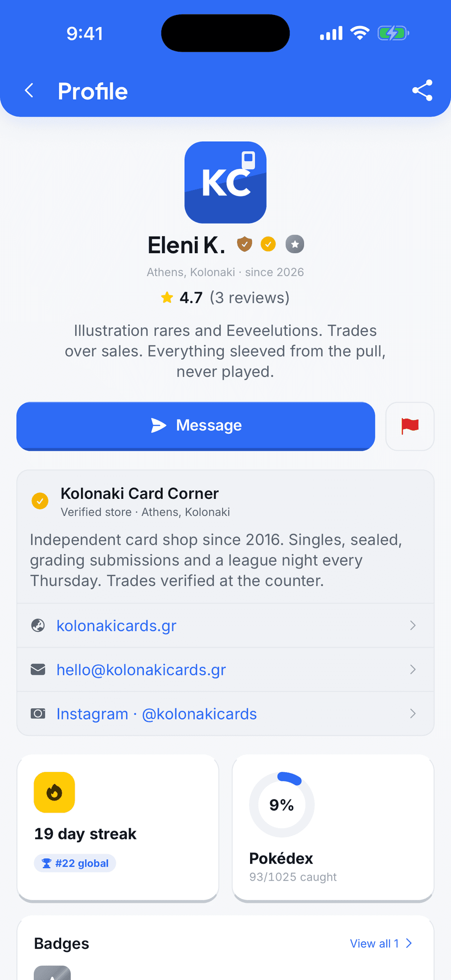 A public profile with badges, ratings and a card showcase