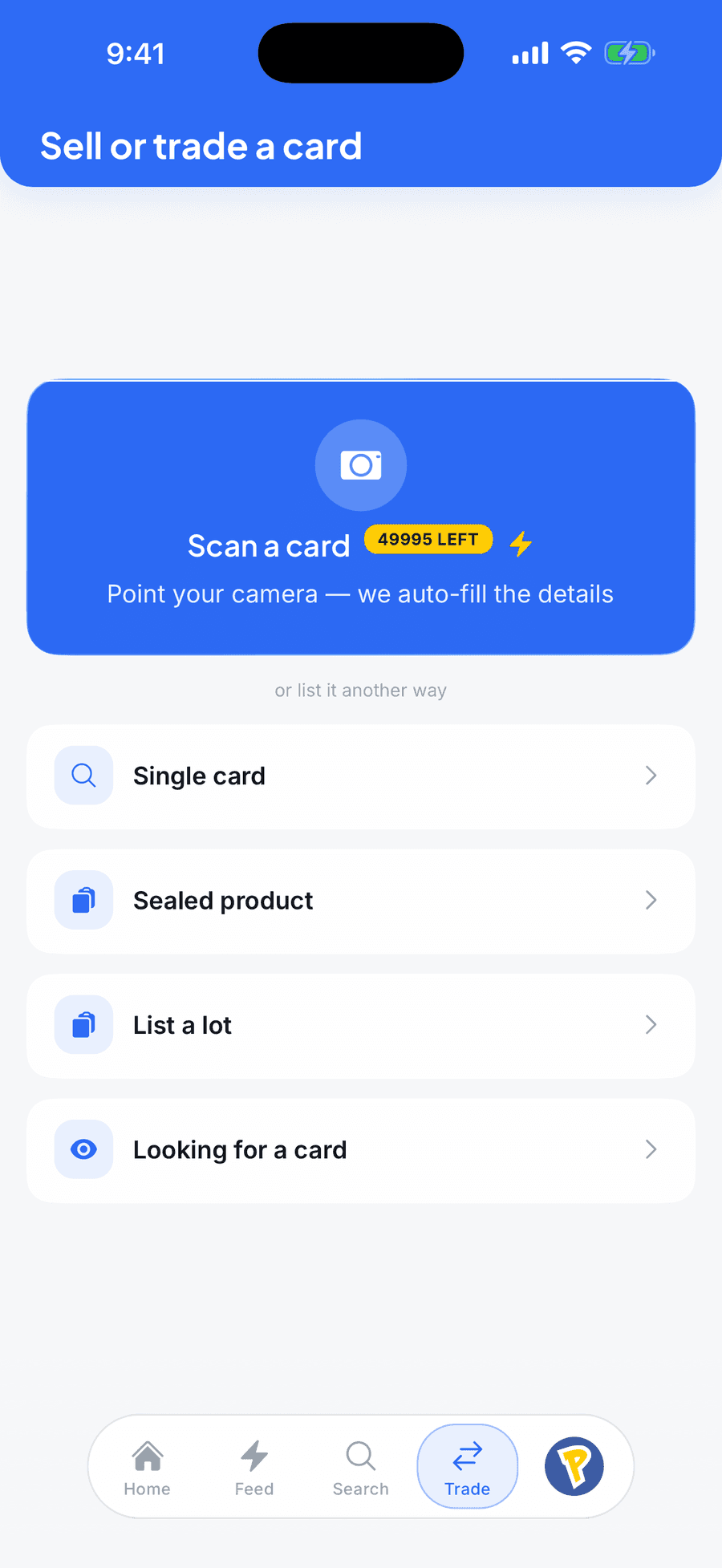 The Sell screen with AI scan, manual entry and lot options