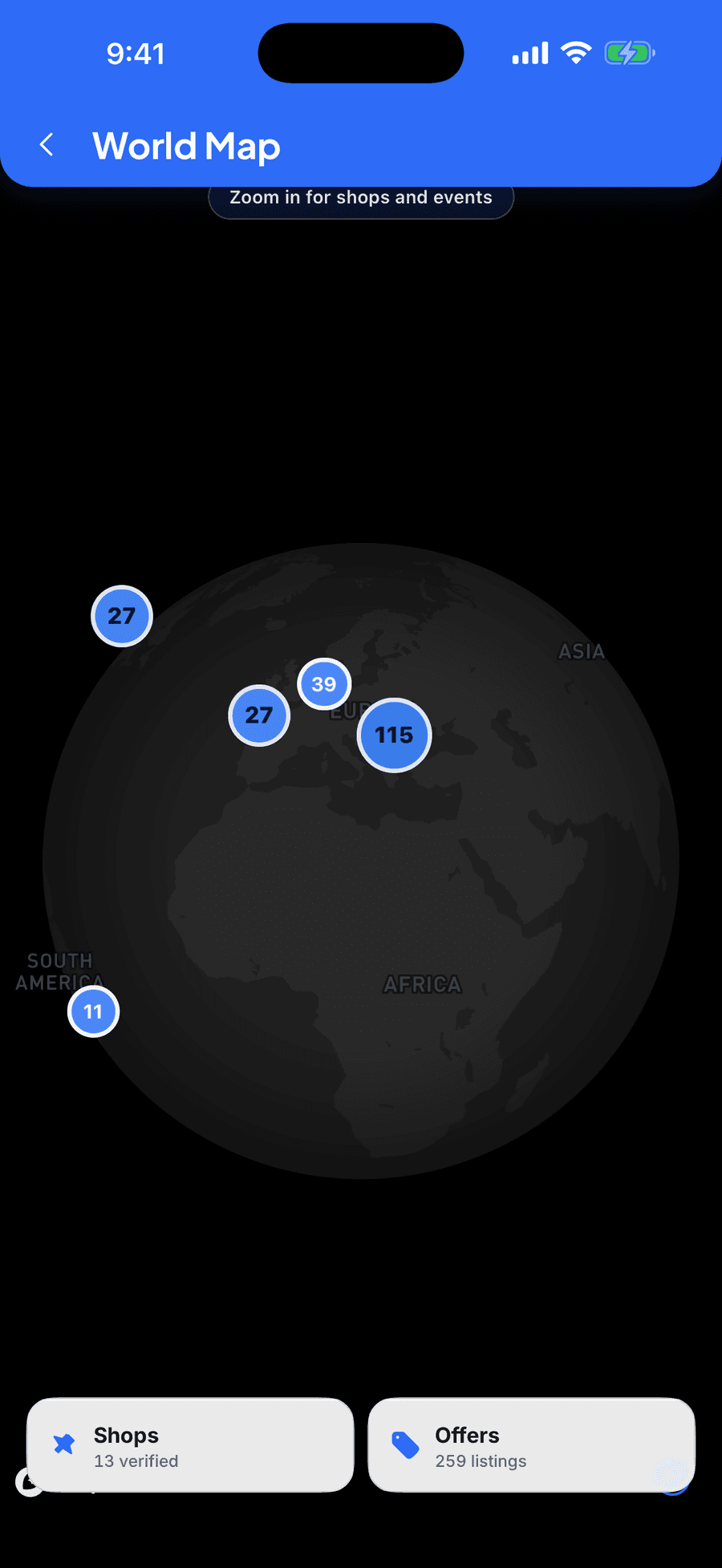 The world map with cards listed near you